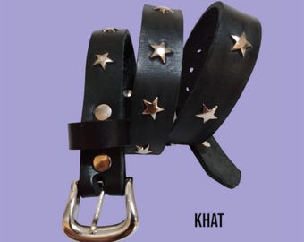 Women's 100% Leather Custom Belt with Metallic Stars, 2cm Wide, Lasts a Lifetime