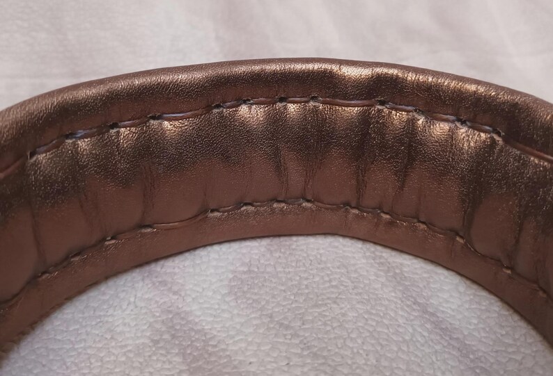May include: Close-up of a brown leather strap with a stitched seam. The strap is curved and appears to be part of a bag or purse.