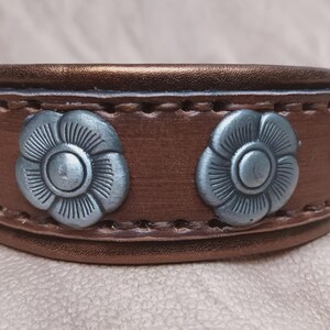 May include: A brown leather dog collar with silver flower-shaped accents.