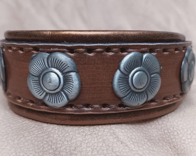 May include: A brown leather dog collar with silver flower-shaped accents.