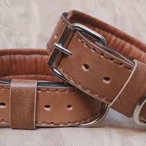 Puede incluir: Dos collares de cuero marr&oacute;n para perros con hebillas y anillas en D de metal plateado. Los collares tienen un interior acolchado. El cuero tiene un aspecto ligeramente envejecido.