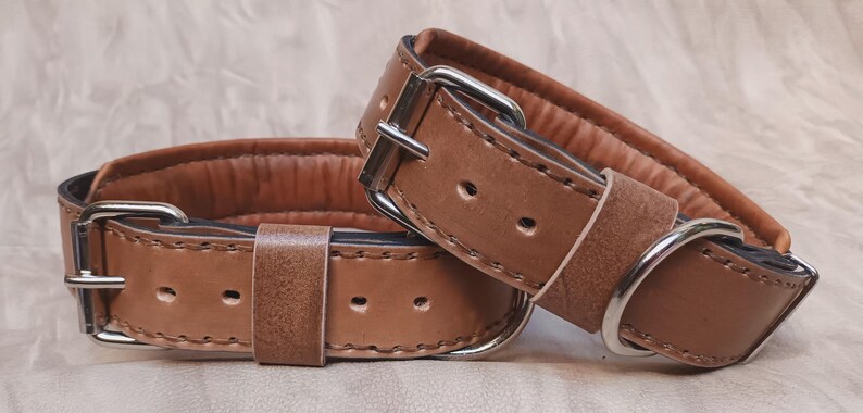 Puede incluir: Dos collares de cuero marr&oacute;n para perros con hebillas y anillas en D de metal plateado. Los collares tienen un interior acolchado. El cuero tiene un aspecto ligeramente envejecido.