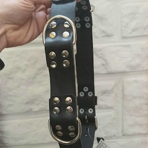 Könnte beinhalten: Schwarzes Lederhalsband mit silberner Metallbeschläge und mehreren D-Ringen. Das Halsband hat Reihen von silbernen Nieten.