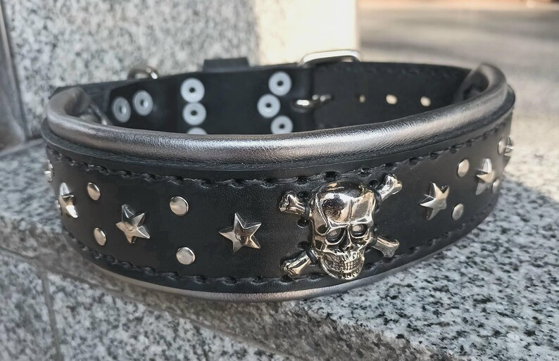 Puede incluir: Collar de perro de cuero negro con detalles plateados, con un dise&ntilde;o de calavera y huesos cruzados y tachuelas en forma de estrella.