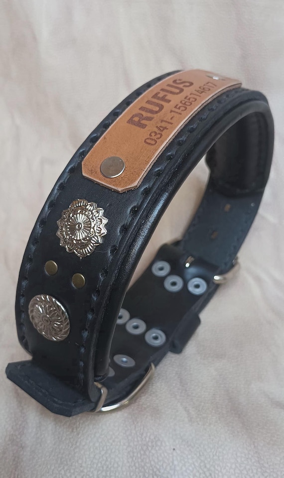 Leather Dog Collar w/ Name and Phone   Double-Layer Reinforced Padded Leather Hand-Stitched Made by Size for Medium and Large Dogs