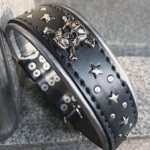 Puede incluir: Collar de perro de cuero negro con tachuelas plateadas, un dise&ntilde;o de calavera y huesos cruzados y detalles de estrellas plateadas.