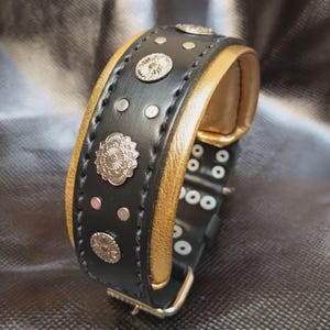 May include: Black leather dog collar with gold accents and silver studs. The collar has a decorative design with circular metal accents.