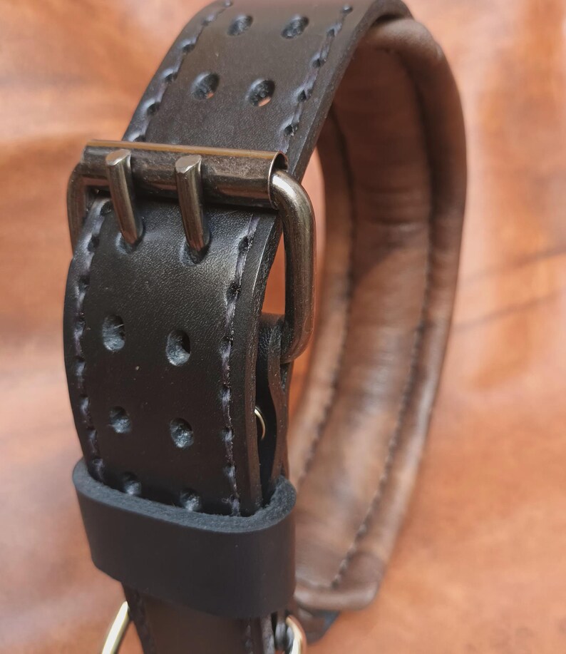 K&ouml;nnte beinhalten: Ein schwarzes Lederhundekragen mit braunem Lederfutter und einer silbernen Schnalle. Das Halsband hat ein gepolstertes Futter f&uuml;r Komfort.