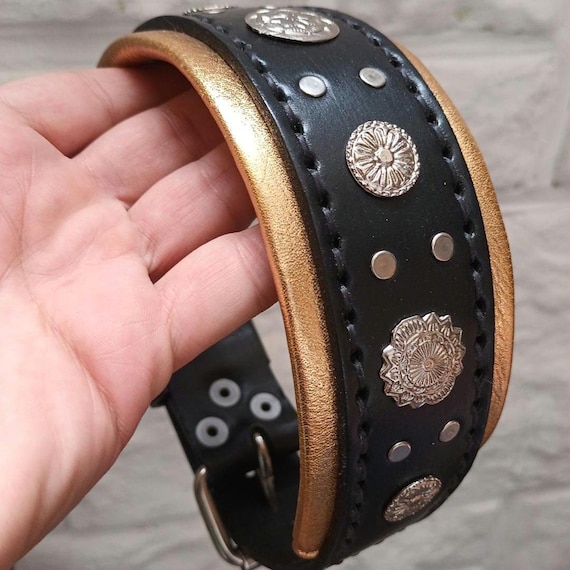 Gold Leather Collar for Large and Medium Dogs – Ultra Reinforced with Double Layer of Padded Leather, Hand-Stitched – For Strong Dogs (5.5 c