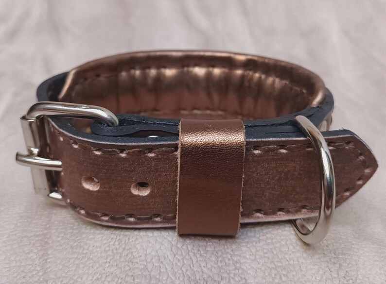 May include: A rose gold leather dog collar with a silver buckle and D-ring.
