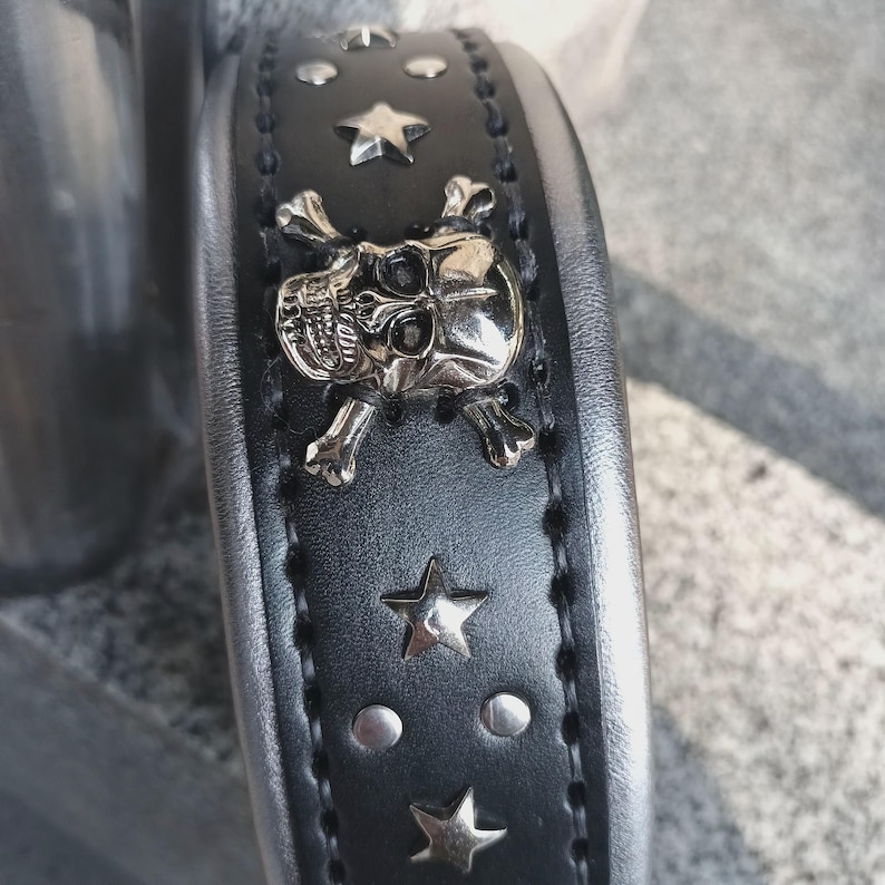 Puede incluir: Collar de perro de cuero negro con detalles de calavera y estrella plateados.