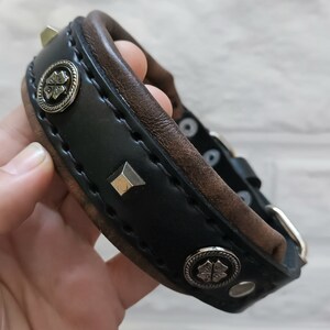 May include: A brown and black leather dog collar with silver metal accents. The collar has a decorative clover design on the metal accents.