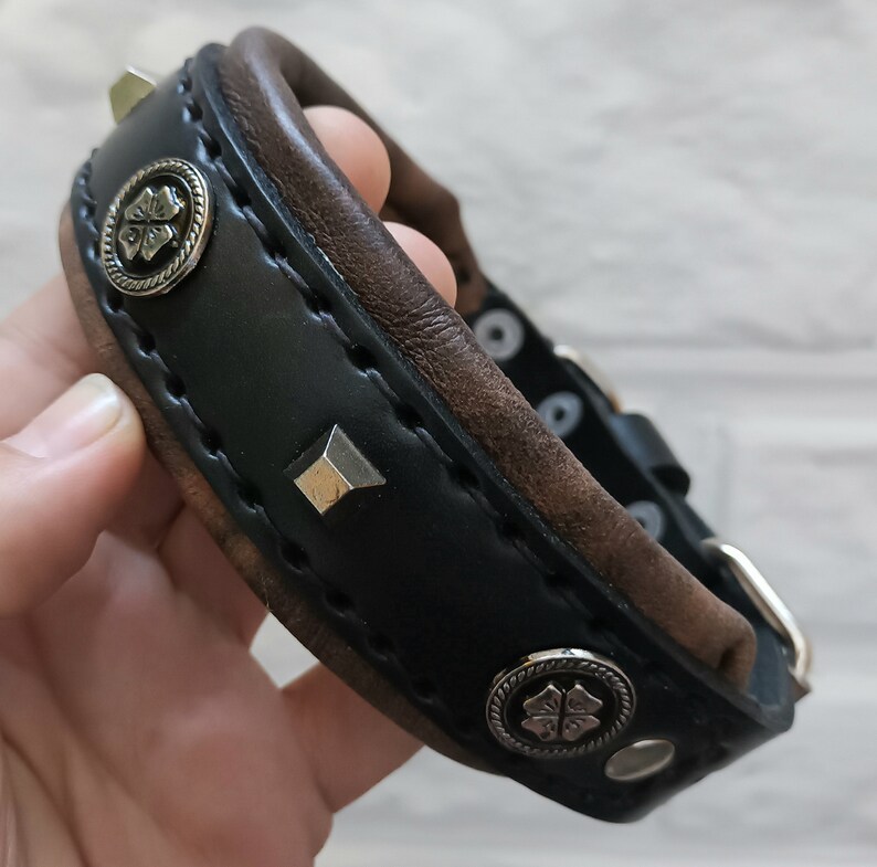 May include: A brown and black leather dog collar with silver metal accents. The collar has a decorative clover design on the metal accents.