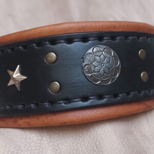 May include: A black leather dog collar with brown leather trim. The collar is decorated with silver stars and a silver circular design.
