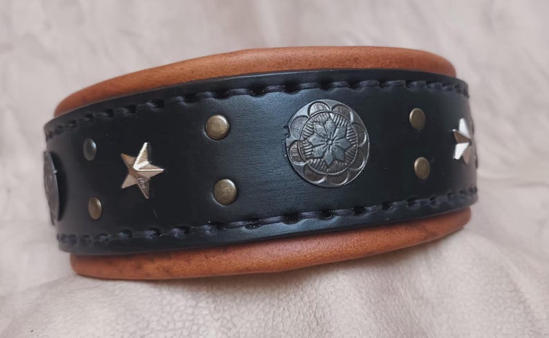 May include: A black leather dog collar with brown leather trim. The collar is decorated with silver stars and a silver circular design.