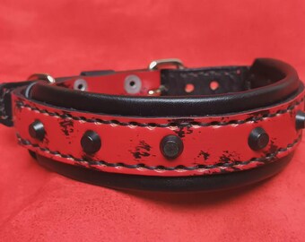 May include: A red leather dog collar with black stitching and metal studs. The collar has a distressed look with a black leather backing.