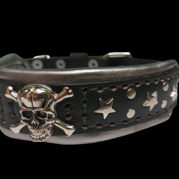 Incredible Dog Collar with Skull and Stars Double Genuine Leather Silver Padded Hand-Sewn and Tailored Ideal for Medium Dogs
