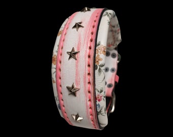 Floral Leather Collar for Large or Medium Dogs with Metallic Star Appliques Padded and Hand-Sewn Custom