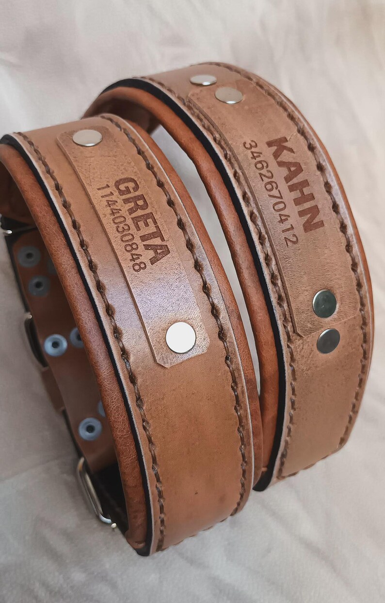 Puede incluir: Dos collares de perro de cuero marr&oacute;n claro con placas de identificaci&oacute;n. Uno dice "GRETA" con un n&uacute;mero, el otro "KAHN" con otro n&uacute;mero. Ambos collares tienen remaches y hebillas plateadas.