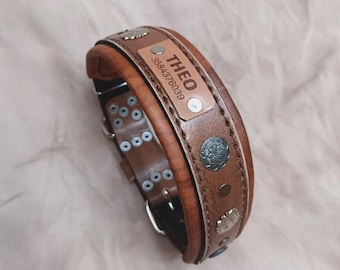 Double Leather Viking Style Dog Collar with Engraved Name-Phone ID (No Dangling Tags, No Noise) – Hand-Stitched, Padded, Súper Reinforced