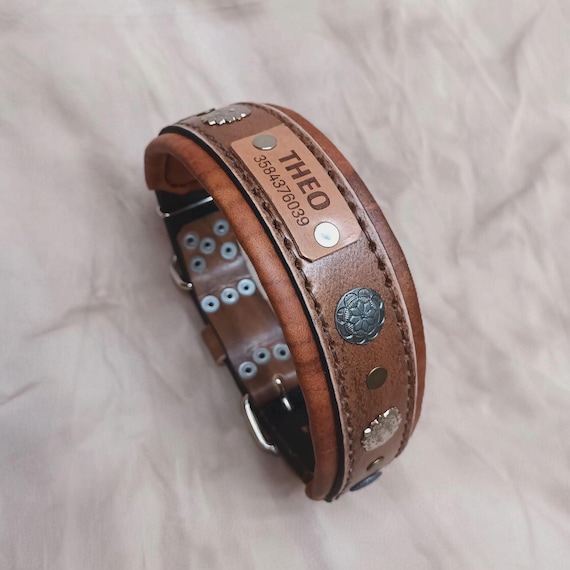 Double Leather Viking Style Dog Collar with Engraved Name-Phone ID (No Dangling Tags, No Noise) – Hand-Stitched, Padded, Súper Reinforced