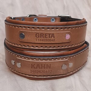 Puede incluir: Dos collares de perro de cuero marr&oacute;n. El collar superior tiene el nombre "GRETA" y un n&uacute;mero impreso en un parche rectangular. El collar inferior tiene el nombre "KAHN" y un n&uacute;mero impreso en un parche rectangular. Ambos collares tienen herrajes plateados.