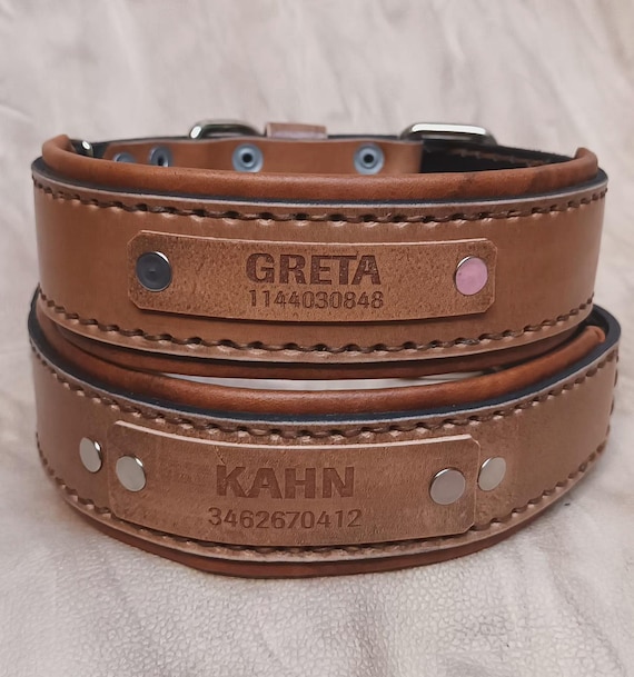 Double Padded Leather Dog Collar with Engraved Name-Phone ID (No Dangling Tags, No Noise) – Hand-Stitched Súper Reinforced Made by Size