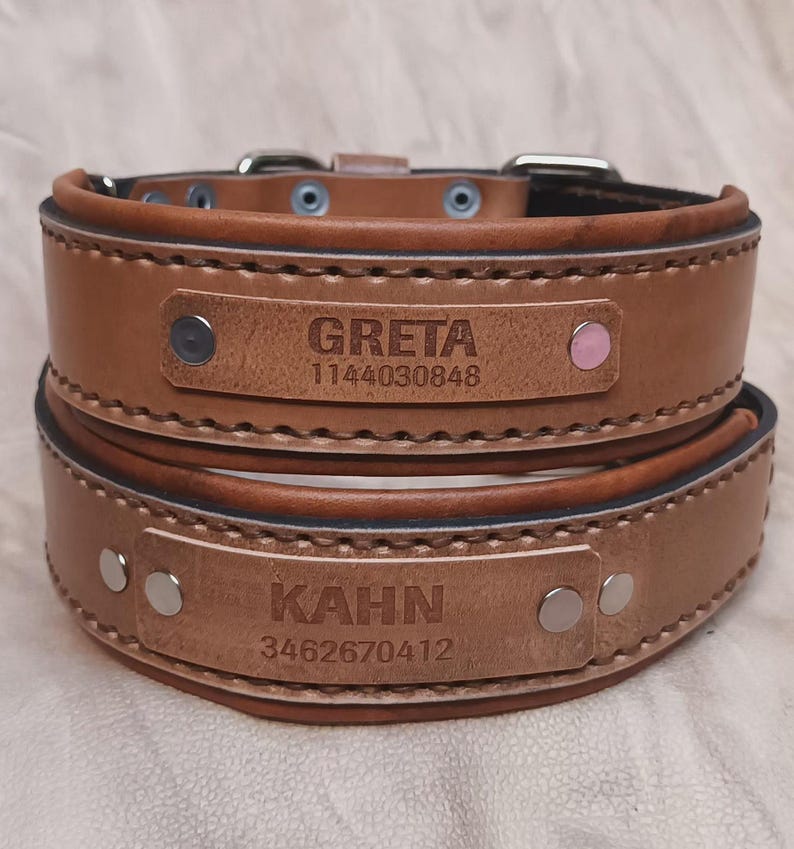 Puede incluir: Dos collares de perro de cuero marr&oacute;n. El collar superior tiene el nombre "GRETA" y un n&uacute;mero impreso en un parche rectangular. El collar inferior tiene el nombre "KAHN" y un n&uacute;mero impreso en un parche rectangular. Ambos collares tienen herrajes plateados.