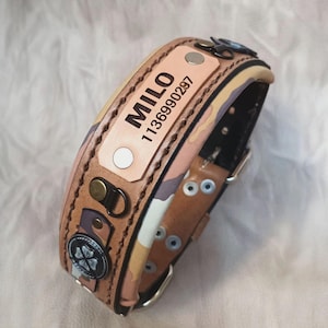 Collare per cani in pelle mimetica doppia con nome inciso e ID telefono (senza targhette penzolanti, senza rumore) - Cucito a mano, imbottito, super rinforzato