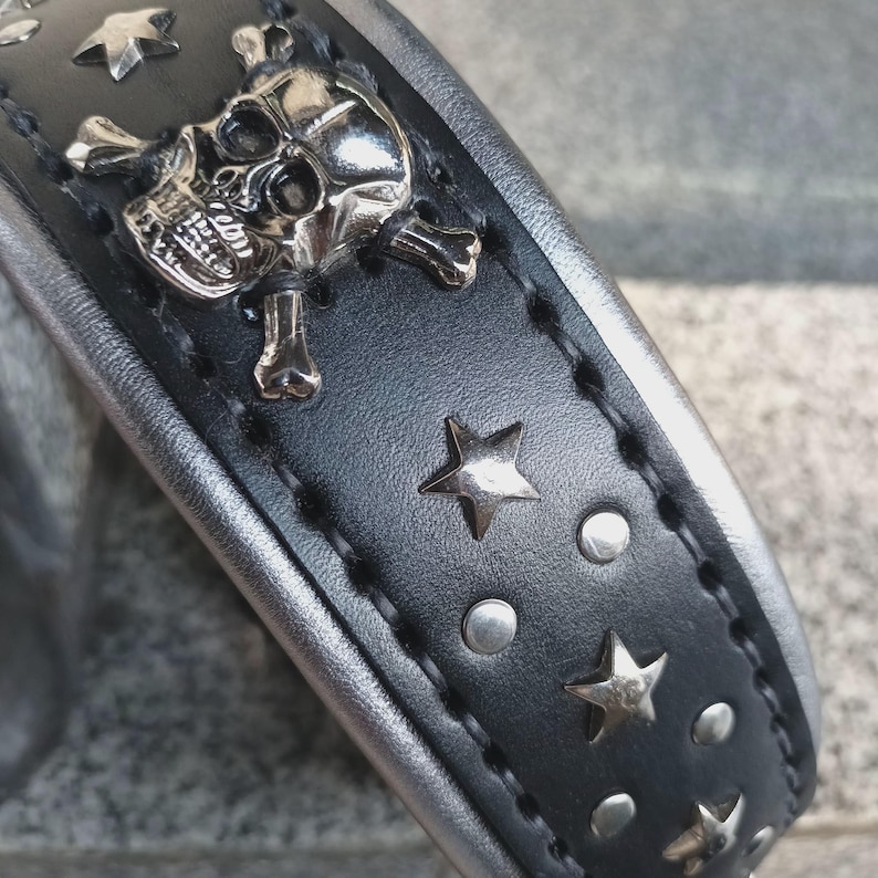 Puede incluir: Collar de cuero negro con detalles de calavera y estrellas plateadas. El collar tiene una hebilla de metal plateada y est&aacute; cosido con hilo blanco.