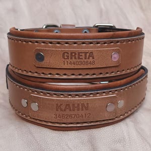 Puede incluir: Dos collares de perro de cuero marr&oacute;n apilados uno encima del otro. Cada collar tiene una placa con el nombre de un perro y un n&uacute;mero de tel&eacute;fono. El collar superior dice "GRETA" y el collar inferior dice "KAHN".