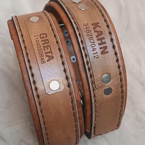 Puede incluir: Dos collares de perro de cuero marr&oacute;n con bordes cosidos y remaches met&aacute;licos. Uno est&aacute; etiquetado "GRETA" con el n&uacute;mero "114030848", y el otro "KAHN" con el n&uacute;mero "3462670412".