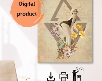 Beauté énigmatique : affiche vintage mettant en vedette une femme et des éléments floraux dans des tons sépia, affiche en téléchargement numérique, art mural, art femme
