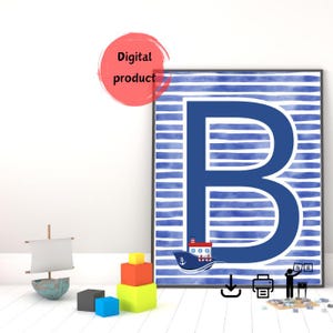 Letter B, marine style, home decor, digital poster, ready to print, nursery wall decor, initial print, kid&#39;s room