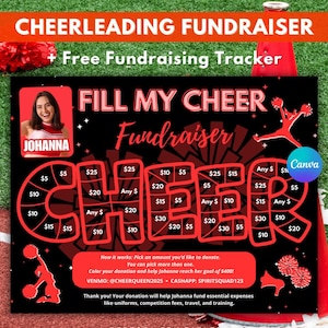 May include: A black and red cheerleading fundraiser sign with the text "Fill My Cheer Fundraiser." It includes donation amounts and a photo of Johanna. The sign also has the text "CHEERLEADING FUNDRAISER" and "+ Free Fundraising Tracker."