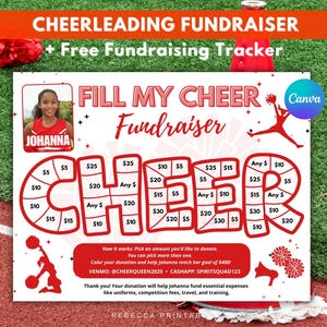 May include: A red and white printable cheerleading fundraiser board with the text "Fill My Cheer Fundraiser" and a cheerleader graphic. The board has a grid with different dollar amounts for donations. The board also includes a photo of a girl in a cheerleading uniform and the text "Johanna".