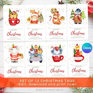 Editable Christmas Gift Tags Christmas Favor Tags Set Christmas Tags for Kids Children Christmas Tags Animals Christmas Tags Cute Tags Canva