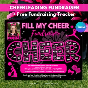 May include: A pink and black cheerleading fundraiser poster with a photo of a girl in a cheerleading uniform. The poster says "Fill My Cheer Fundraiser" and has a grid of squares with different dollar amounts. The poster also includes the text "VENMO: @CHEERQUEEN2025 CASHAPP: SPIRITSQUAD123".