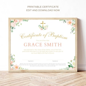 Plantilla de certificado de bautismo editable Certificado de bautismo de niña imprimible Regalo de ceremonia de bautismo Regalo de bautismo DIY Certificado de dedicación de niña