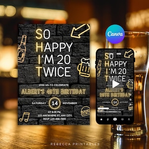 Op de afbeelding: Een digitale uitnodiging voor een 40e verjaardagsfeest. Het ontwerp heeft een bakstenen muur achtergrond met neon-stijl illustraties van een bierfles, bierpul en pijl. De tekst luidt "So Happy I'm 20 Twice".