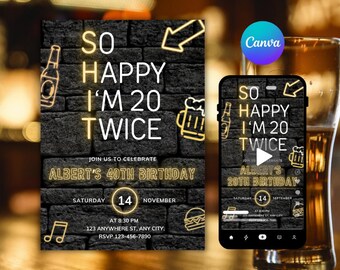 Può includere: Un invito digitale per una festa del 40° compleanno. Il design presenta uno sfondo di muro di mattoni con illustrazioni in stile neon di una bottiglia di birra, un boccale di birra e una freccia. Il testo recita "So Happy I'm 20 Twice".