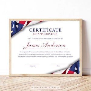 Veterans Certificate Of Appreciation Template Editable Veterans Day Certificate Memorial Day Certificate Military Service Patriot Day Canva