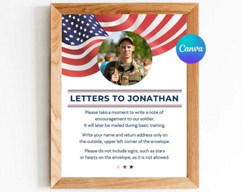 May include: Printable sign with an American flag background and a photo of a soldier in uniform. The sign says "Letters to Jonathan" and asks people to write a note of encouragement to the soldier.