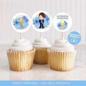 Mi Primera Comunion Niño Decoración para Cupcakes Decoración Fiesta Comunion para Niño en Español Communion Cupcake Toppers em espanhol 349