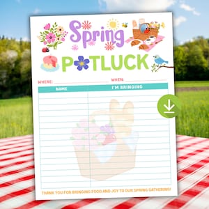 Könnte beinhalten: Eine Einladung zu einem Frühlings-Potluck mit farbenfrohen Blumen- und Picknick-Illustrationen. Die Einladung enthält Felder für Ort, Datum und Namen der Teilnehmer sowie einen Abschnitt, in dem aufgeführt wird, was jede Person mitbringt. Der Text lautet "Spring Potluck".