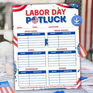 Op de afbeelding: Een Labor Day Potluck-bord met een rood, wit en blauw patriottisch ontwerp. Het bord bevat secties voor hapjes, hoofdgerechten, bijgerechten, desserts, drankjes en andere gerechten. Er is ook ruimte voor datum, tijd en locatie.
