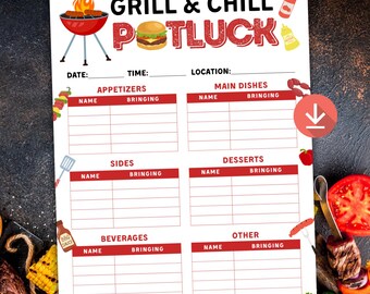 BBQ Potluck Sign Up Sheet Summer BBQ Potluck Block Party Potluck Barbecue Party Potluck Backyard BBQ Potluck Summer Cookout Printable Form