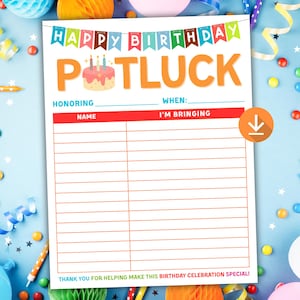 May include: A white potluck sign with the words "HAPPY BIRTHDAY POTLUCK" in colorful letters. The sign includes space to write names and what guests are bringing. A cake graphic is included. The background is light blue with party decorations.