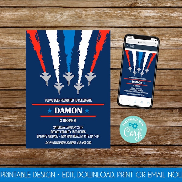 Air Force Birthday Invitation Military Birthday Invitation Airforce Party Printable Invite Editable Airman Party Air Force Decoration 328