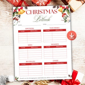 Puede incluir: Una hoja de inscripción para una comida compartida navideña con detalles en rojo y verde. El título "CHRISTMAS Potluck" está en la parte superior. Las categorías incluyen aperitivos, platos principales, guarniciones, postres, bebidas y otros.